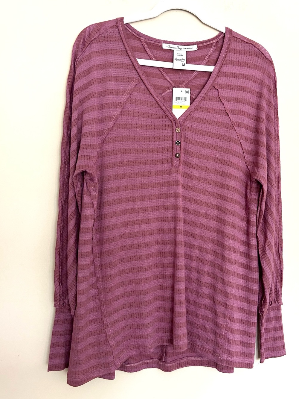 NEW American Rag Women’s Dusty Mauve Wild Ginger Striped Henley Long Sleeve Top